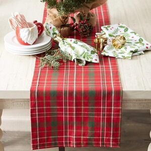 Tartan Holly Plaid Christmas Table Runner, 14x108, Red & Green